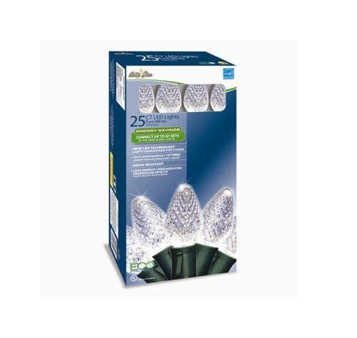 Set of 25 Energy Saving Pure White LED C7 Faceted Christmas Lights - Green Wire