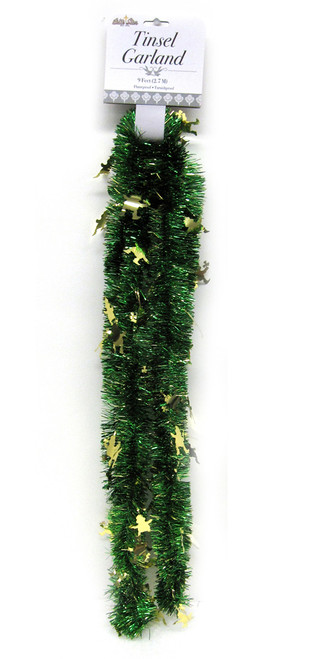 2 Irish St. Patrick's Green Artificial Tinsel Garland with Gold Leprechauns - Unlit