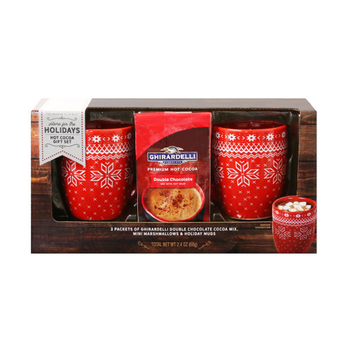 Ghirardelli Cocoa for 2 Gift Set, Contains 2 Holiday Mugs, 2 Double Chocolate Cocoa Mixes and 2 Packets of Mini Marshmallows