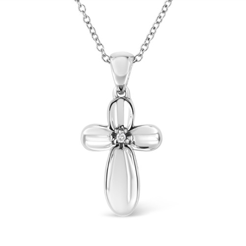 Women's Sterling Silver Diamond Floral Cross Shaped Pendant Necklace