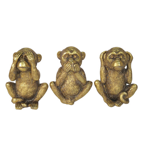 Set of 3 Gold No Evil Hear Speak and See Monkey Figurines 6"