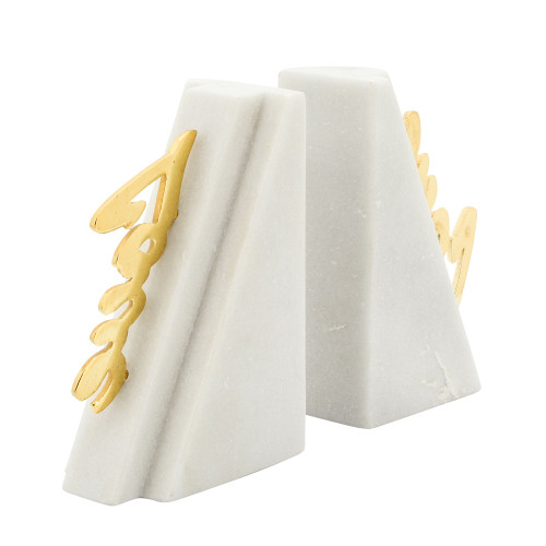 Set of 2 White and Gold Love Marble Bookends 8"