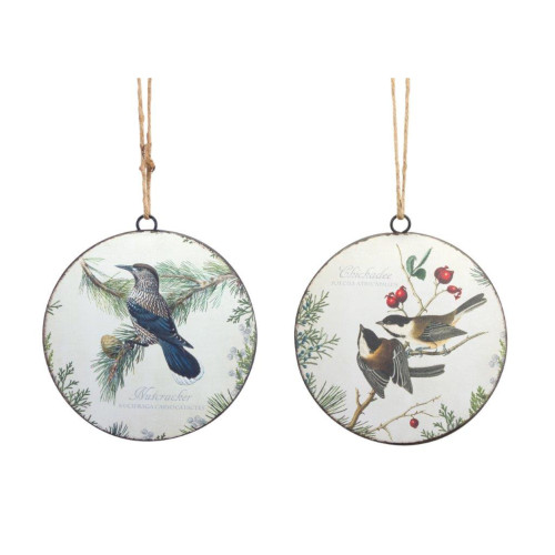 Set of 12 White and Blue Assorted Bird Print Christmas Disc Ornaments, 6.5"
