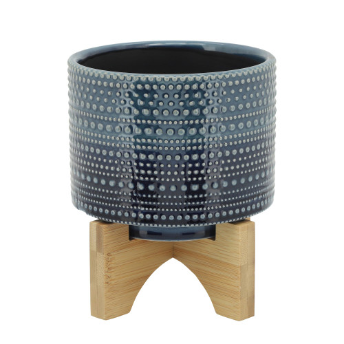 6" Blue and Brown Outdoor Ceramic Dotted Planter with Wood Stand