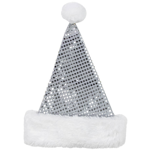 Unisex Adult Sequined Christmas Santa Hat with Cuff  - One Size - Silver and White