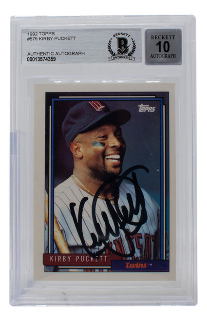 Kirby Puckett Signed 1992 Topps #575 Minnesota Twins Baseball Card Auto 10 BGS