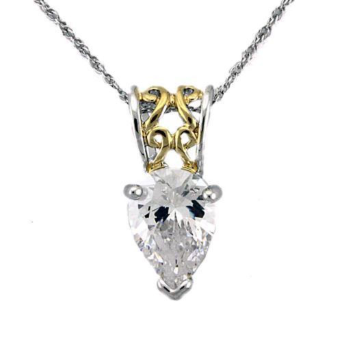 Women's Reverse Two Tone Sterling Silver Pendant Necklace with Pear Shaped Cubic Zirconia