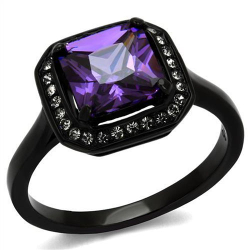 Women's Black IP Stainless Steel Engagement Ring with Amethyst Cubic Zirconia - Size 7