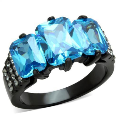 Women's Stainless Steel Tapered Engagement Ring with Sea Blue and Clear CZ - Size 7