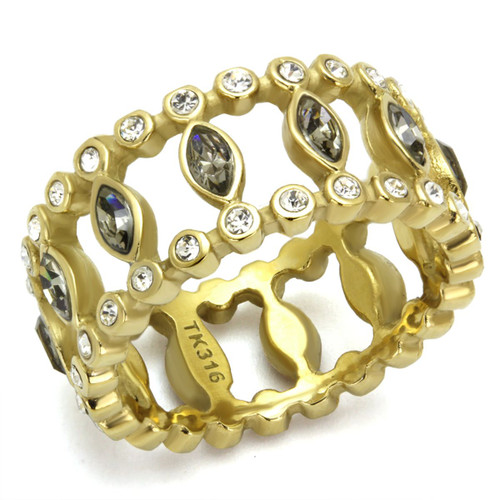 Women's Gold IP Stainless Steel Bezel Ring with Black Diamond Crystals, Size 6