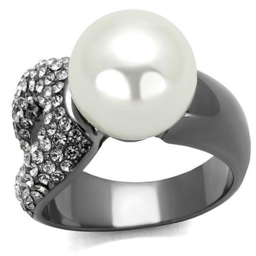 Women's Light Black IP Stainless Steel Ring with Synthetic White Pearl, Size 9
