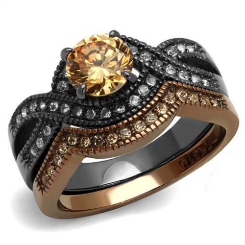 Set of 2 Women's IP Stainless Steel Wedding Rings with Champagne CZ Stones, Size 5