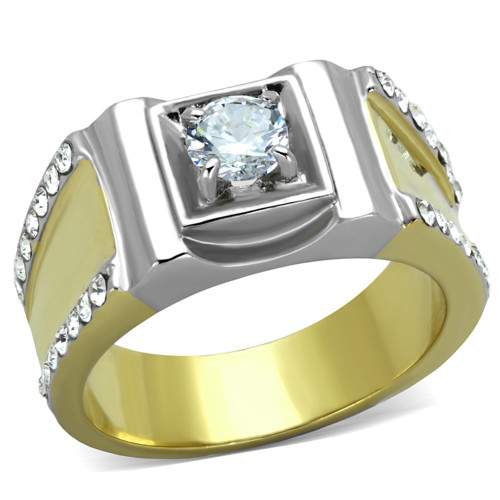 Men's Two-Tone IP Gold Stainless Steel Ring with Cubic Zirconia Stones - Size 8