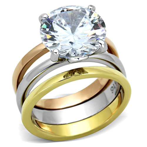 3-Piece Women's Three Tone IP Stainless Steel Wedding Ring Set with Round CZ, Size 10