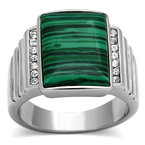 Men's Stainless Steel Ring with Emerald Synthetic Malachite and Clear Stones - Size 8