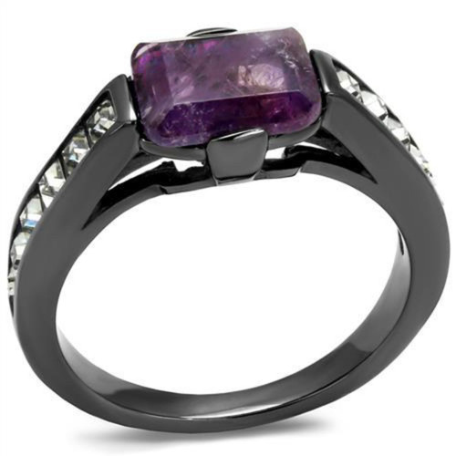 Women's Light Black Ion Plated Ring With Precious Stone Amethyst Crystal, Size 8