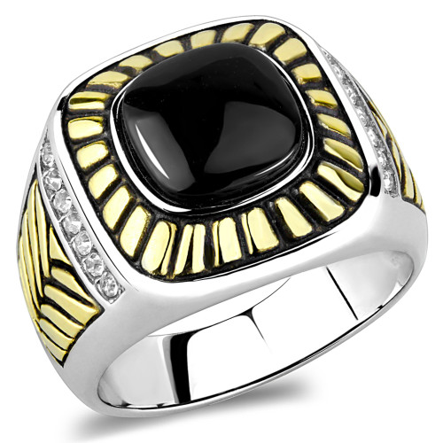 Men's Ion Plated Gold Stainless Steel Ring with Black Jet Synthetic Onyx - Size 12
