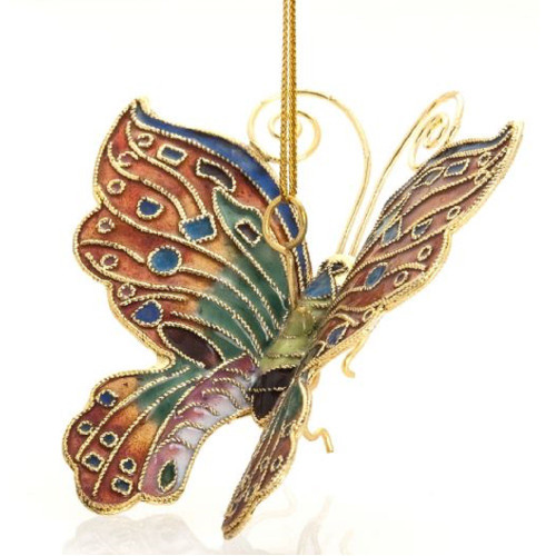 Green and Orange Metal Cloisonne Large Butterfly Christmas Tree Ornament