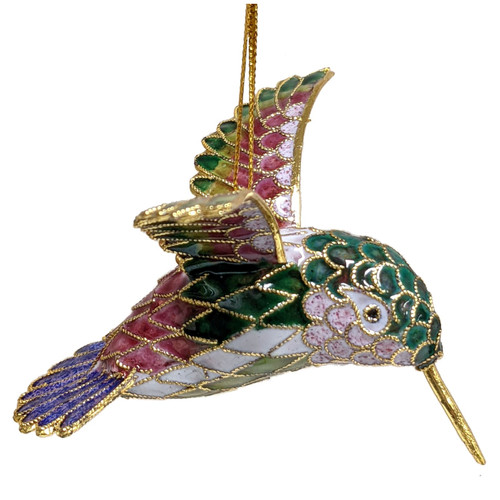 Green White and Purple Metal Cloisonne Large Hummingbird Christmas Tree Ornament