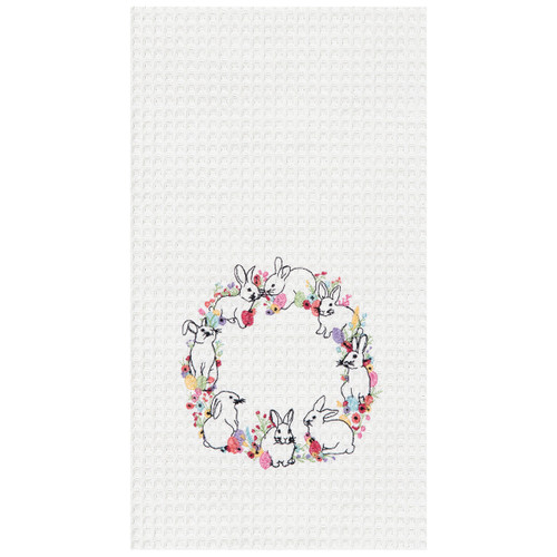 Easter Bunny Rabbit Spring Wreath Embroidered Waffle Weave Kitchen Towel Decor Decoration