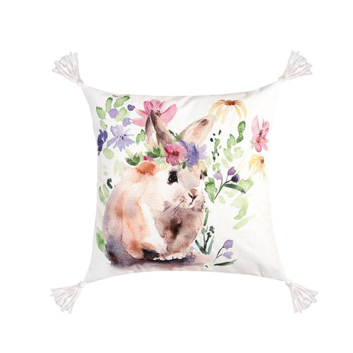 Flowers Bunny Ii Pillow Multicolored 18" X 18" Spring Soft Woven Pillow With Filling For Couch Sofa Bed Chair Cotton