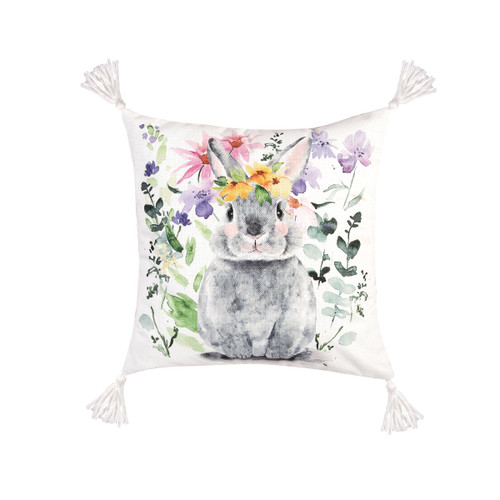 Flowers Bunny I Embroidered Pillow Multicolored 18" X 18" Spring Soft Woven Pillow With Filling For Couch Sofa Bed Chair Cotton
