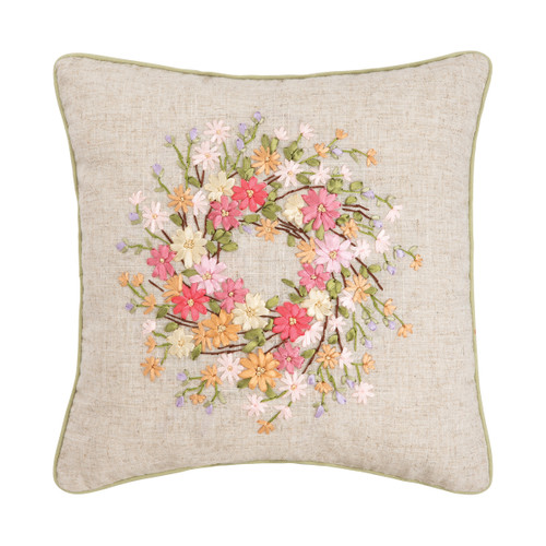 Zinnia Spring Wreath Ribbon Art Pillow