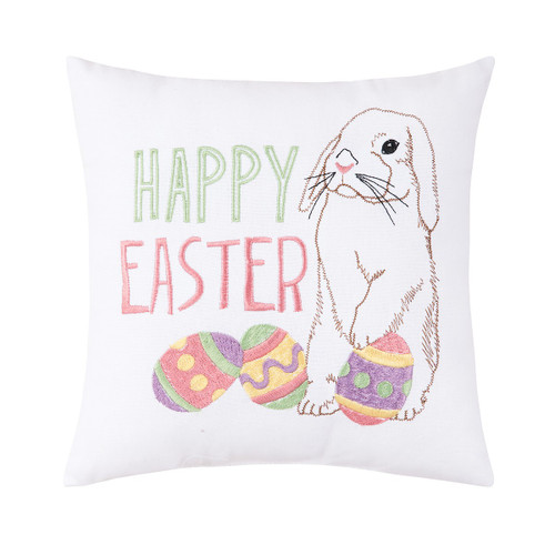 Happy Easter Bunny Rabbit with Spring Eggs Embroidered Saying Decor Decoration Accent Pillow