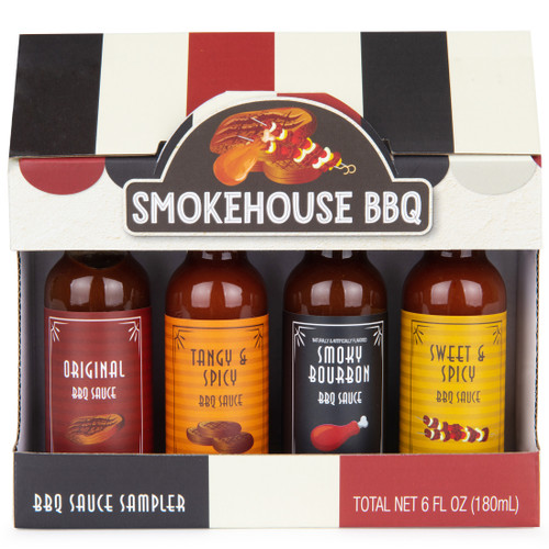 BBQ Pit Mini Food Stand Gift Set, Flavors Include Tangy and Spicy, Smoky Bourbon, Sweet and Spicy and Original BBQ Sauce, Pack of 4