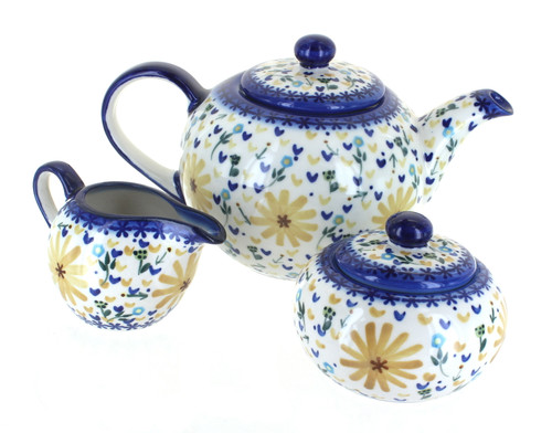 Blue Rose Polish Pottery Yellow Daisy 3 PC Tea Set