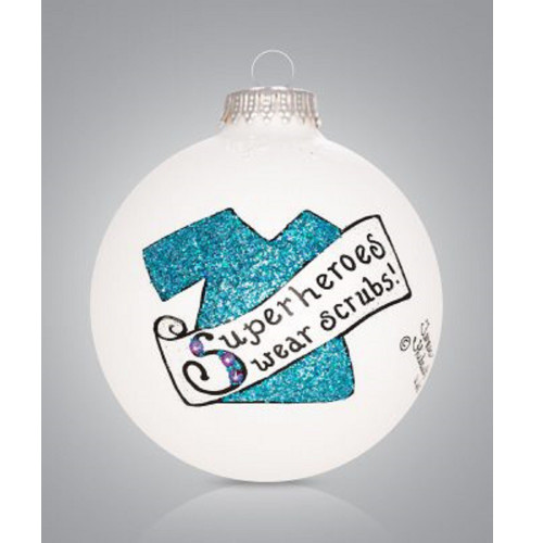 Super Heroes Wear Scrubs Glass Ball Nursing Christmas Ornament Made USA 3.5 inch