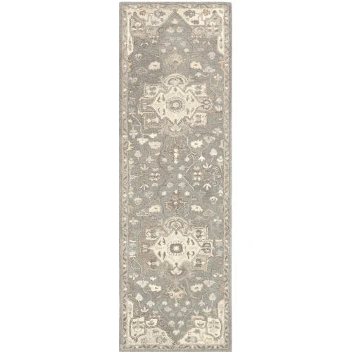 3' x 12' Oriental Medallion Design Gray and Brown Tufted Wool Rectangular Rug Runner