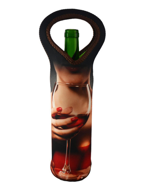 Three Star Neoprene Bottle Tote Featuring Woman Holding Red Wine YN2000