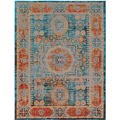 8' x 10' Distressed Blue and Taupe Rectangular Hand Woven Chenille-Polyester Area Throw Rug
