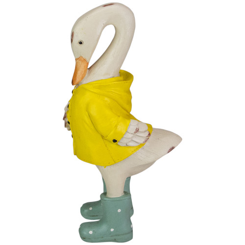 9.5" Standing Spring Duck with Yellow Raincoat and Teal Blue Rain Boots Figurine