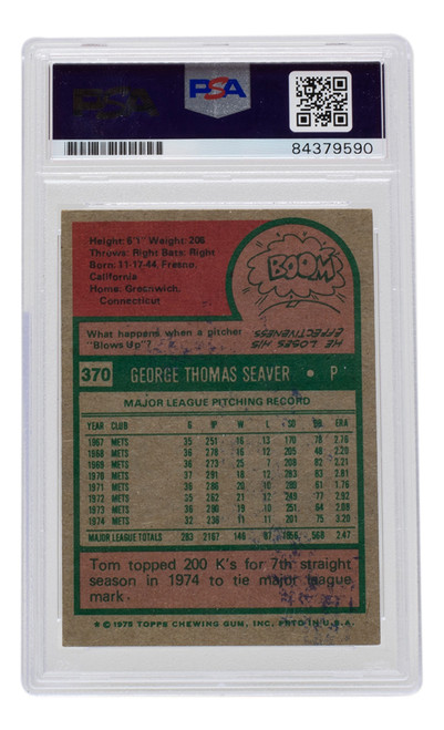 Tom Seaver Signed 1975 Topps New York Mets Baseball Card #370 PSA