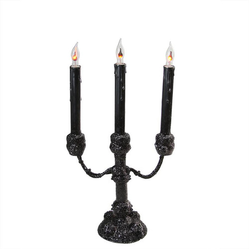 16.75" Black Glitter Candelabra with Flicker Flames Halloween Table Top Decoration