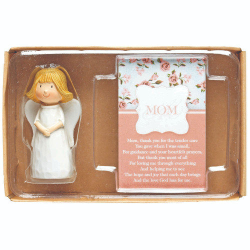 3" White and Orange Angel Figurine with a "Mom" Blessing Card Gift Set (Pack of 2)