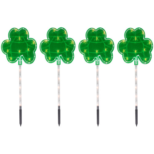 4ct Green St Patrick's Day Shamrock Pathway Marker Lawn Stakes, Clear Lights