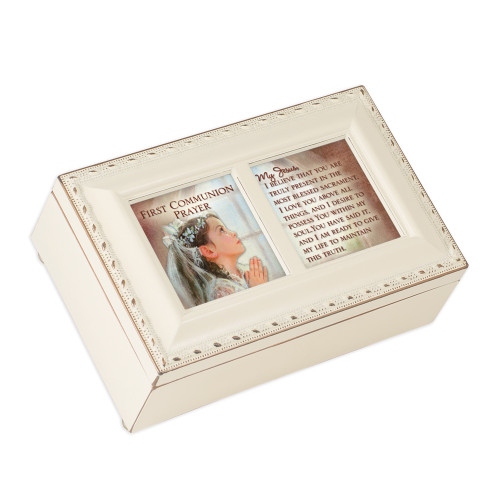 6" White and Brown Traditional First Communion Girl Prayer Musical Box