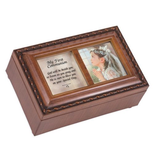 6" Black and Brown Traditional First Communion Girl Religious Musical Box