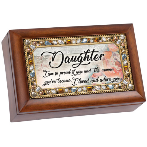 6" Brown and Pink Amber Boarded Rectangular "Daughter" Printed Musical Box