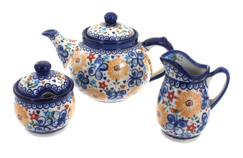 Blue Rose Polish Pottery Butterfly 3 Piece Tea Set