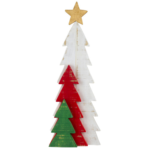16.5" Distressed Wooden Triple Christmas Tree with Star Table Top Decor
