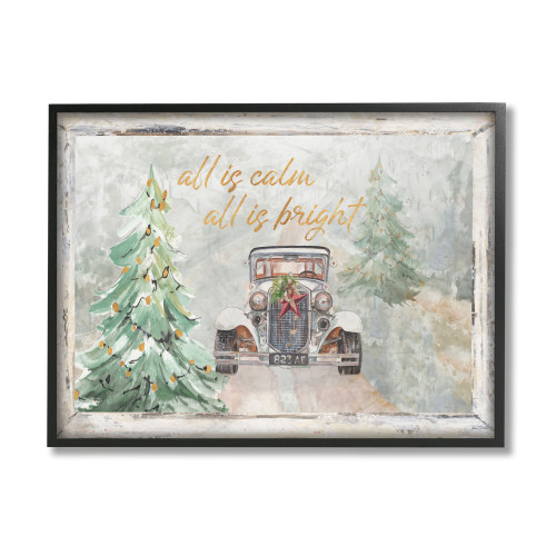 Brown and Green All Is Calm Vintage Christmas Country Road Rectangular Framed Wall Art 30" x 24"