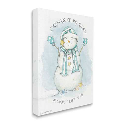 White and Blue "Christmas On the Beach" Snowman Stretched Wall Art Decor 20" x 16"
