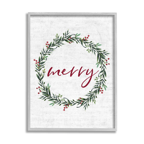 Gray and Red "Merry" Festive Holiday Wreath Giclee Texturized Christmas Wall Art 20" x 16"