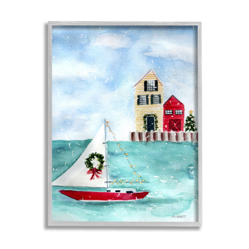 Blue and Red Nautical Sailboat Gray Framed Wall Art Decor 20" x 16"
