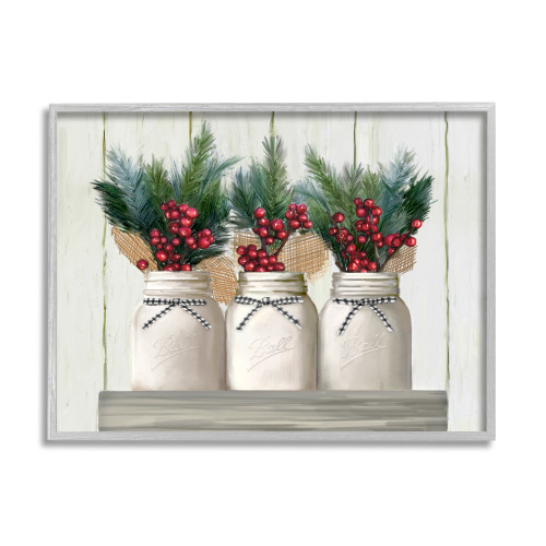 White and Green Jars with Christmas Berry Bouquets Farmhouse Rustic Framed Wall Art Decor 30" x 24"