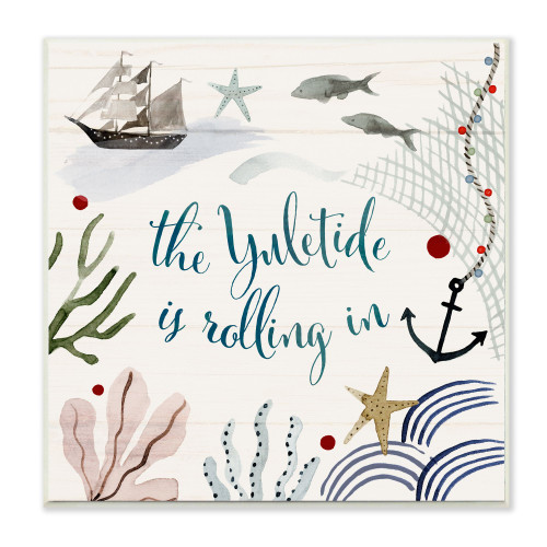 Blue and White Yuletide Rolling In Nautical Beach Christmas Wall Plaque Art 12"